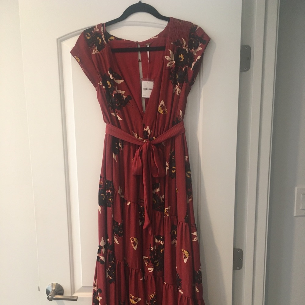 Free People red floral midi dress.